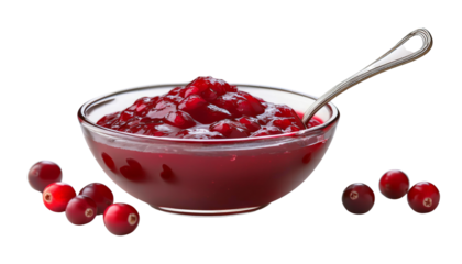 A clear glass bowl filled with vibrant red cranberry sauce and a spoon, surrounded by fresh whole cranberries against a white background.