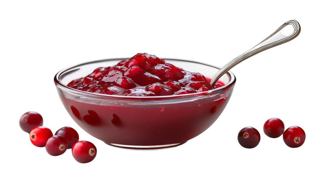 A clear glass bowl filled with vibrant red cranberry sauce and a spoon, surrounded by fresh whole cranberries against a white background.