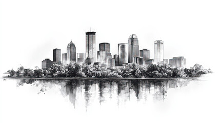 Fototapeta premium Minneapolis, Minnesota, black and white pen pencil hand-drawn effect drawing illustration for travel poster, card, wallpaper, backdrop or banner. Modern, clear, artistic and simple