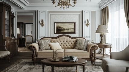 Fototapeta premium Sophisticated classic living room with elegant furniture and detailed decor