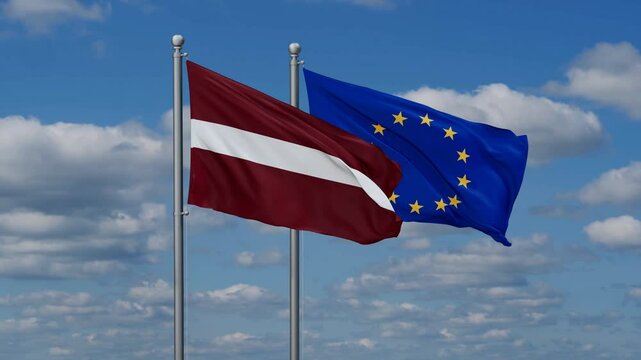European Union and Latvia flags flying together, video concept of the relationship