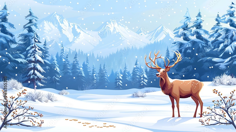 Canvas Prints Winter Landscape with a Deer in the Snow