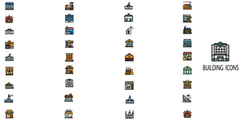 Obraz premium Building simple concept 36 colour icons set. Contains such house, office, bank, school, hotel, shop, university and hospital .Vector illustration.