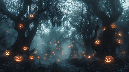 Spindly trees in a fog-filled forest with glowing jack-o-lanterns