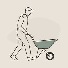 a man carrying a construction wheelbarrow, line art vector, on a white background