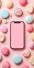 Pink Background with Phone and Colorful Macarons