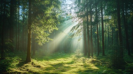 Obraz premium Sunbeams Illuminating a Path Through a Dense Forest
