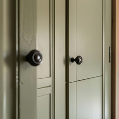 A close up view of stylish green cabinet featuring elegant black knobs, showcasing modern design that adds touch of sophistication to any interior space