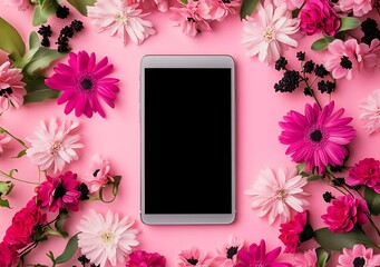 Pink Flowers and Mobile Phone on Pink Background