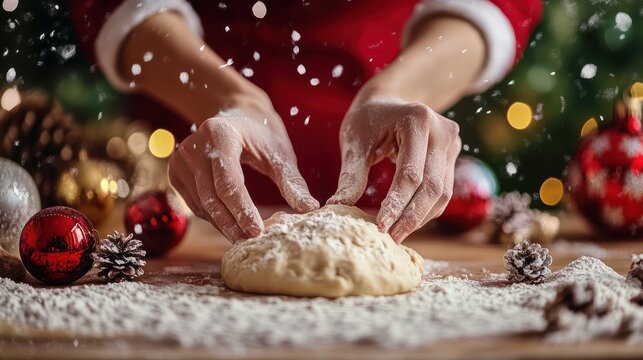 A close-up of hands kneading dough with Christmas decorations in the background