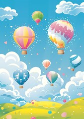 Obraz premium Colorful Hot Air Balloons Flying in Blue Sky with Clouds