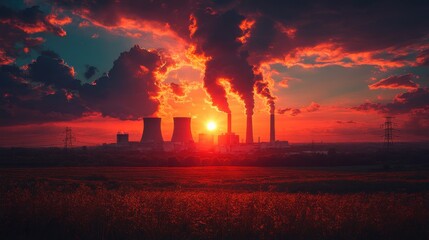 Industrial Sunset with Smoke Plumes