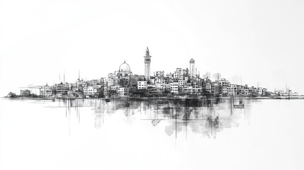 Obraz premium Mogadishu, Somalia, black and white pen pencil hand-drawn effect drawing illustration for travel poster, card, wallpaper, backdrop or banner. Modern, clear, artistic and simple