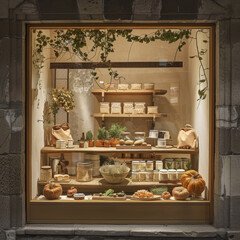 A beautifully arranged showcase window for gourmet vegan delicatessen, featuring an array of jars, fresh produce, and decorative elements. warm lighting enhances inviting atmosphere, making it delight