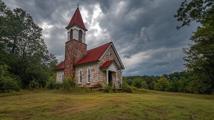 Fototapeta premium Wartburg, Tennessee, USA - July 29, 2023: Built in 1879 this pretty little historic church stands proud under cloudy skies
