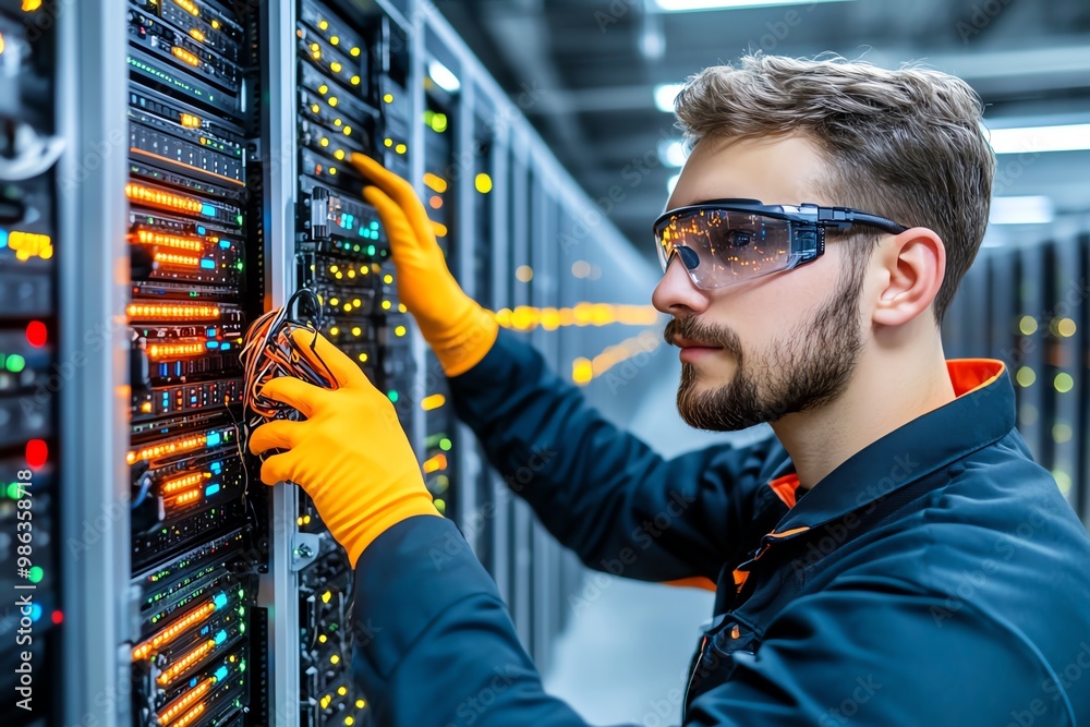 Aufkleber A technician adjusting servers in a data center, optimizing storage and processing capacity