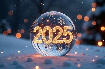 Glass transparent round ball with 2025 number of the New year.. New Year and Christmas celebration concept