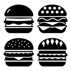 A set of 4 black silhouette illustrations of burger icons on a white background