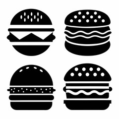 A set of 4 black silhouette illustrations of burger icons on a white background