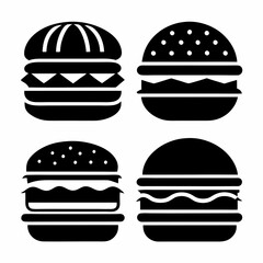 A set of 4 black silhouette illustrations of burger icons on a white background
