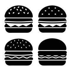 A set of 4 black silhouette illustrations of burger icons on a white background
