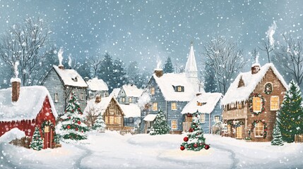 Fototapeta premium Snowy Village Scene with Christmas Decorations