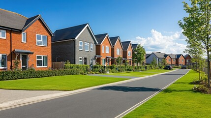 A new UK housing development with modern brick homes, clean lines, and well-kept lawns, illustrating the latest in British residential design.