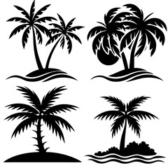 Palm tree with beach silhouette black vector art illustration full black 4 set