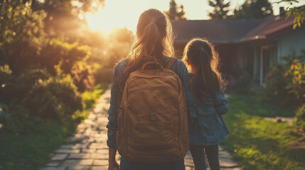 Fototapeta premium A mother and her daughter walk away from home on a sunny day.