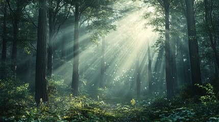 Fototapeta premium Sunbeams Through a Dense Foggy Forest