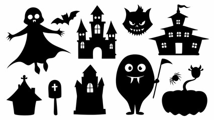  Set of silhouette halloween elements with white background