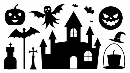  Set of silhouette halloween elements with white background