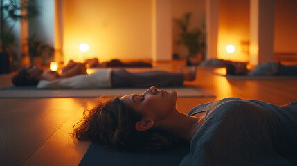 Group guided relaxation in a quiet yoga studio, people lying on mats with blankets, peaceful atmosphere, soft ambient light