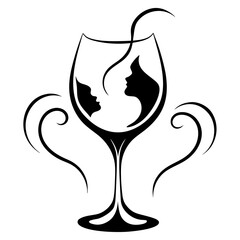 Stylized Vector Wine Glass with Abstract Human Profiles and Dynamic Liquid Splashes