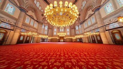 Obraz premium wide angle view of the interior of the Suleiman Mosque, with its spectacular chandelier, ceilings and red carpet, no people, Muslim religion, Istanbul Turkey, horizontal