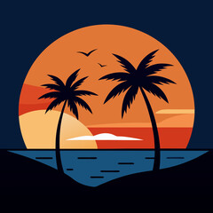 Tropical sunset scene with two silhouetted palm trees Line art