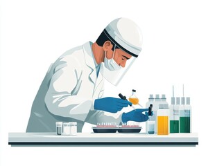 Illustration of a scientist working in a laboratory, conducting experiments with various liquids and samples, showcasing scientific research.