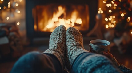 couple feet by the cozy fireplace. Man and Woman relaxes by warm fire with a cup of hot drink and warming up her feet. Close up on feet. Winter and Christmas holidays concept