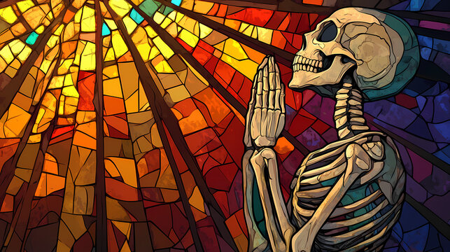A skeleton is praying in a stained glass window. Stained Glass. Illustration
