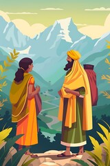 Fototapeta premium Two People Standing On A Mountaintop Looking At A Valley