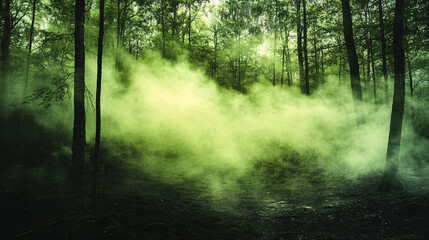 Fototapeta premium Eerie green mist rising from the ground in a foggy forest