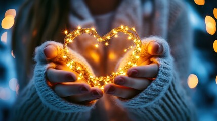 Female hands holding heart shaped glowing christmas lights
