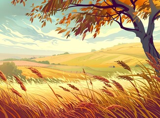 Autumn Landscape Illustration with Wheat Field and Tree
