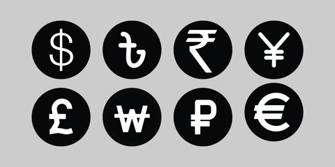 Currency icons of 8 countries of the world silhouette vector style with a white background Art & Illustration