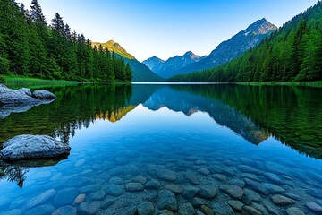 A tranquil lake at sunrise, with calm waters reflecting the surrounding trees and mountains