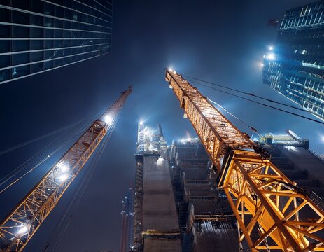 Chantier de construction d'immeubles nocturne  en ville ou milieu urbain avec grues &eacute;clair&eacute;es de nuit et m&acirc;ts d'&eacute;clairage 
