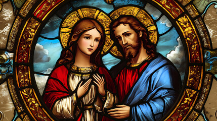 Fototapeta premium A stained glass window of jesus and mary. the window is blue and red and has a gold border. Stained Glass. Illustration