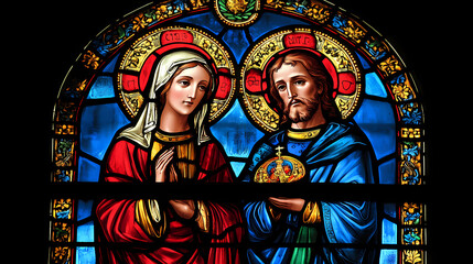 Naklejka premium A stained glass window of jesus and mary. the window is blue and red and has a gold border. Stained Glass. Illustration