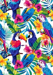 Fototapeta premium Tropical Bird and Flower Seamless Pattern