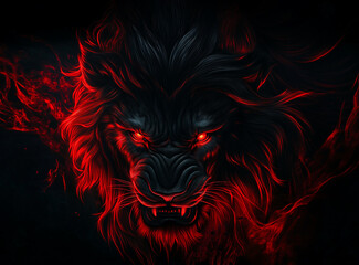 A very dangerous lion face in complete dark